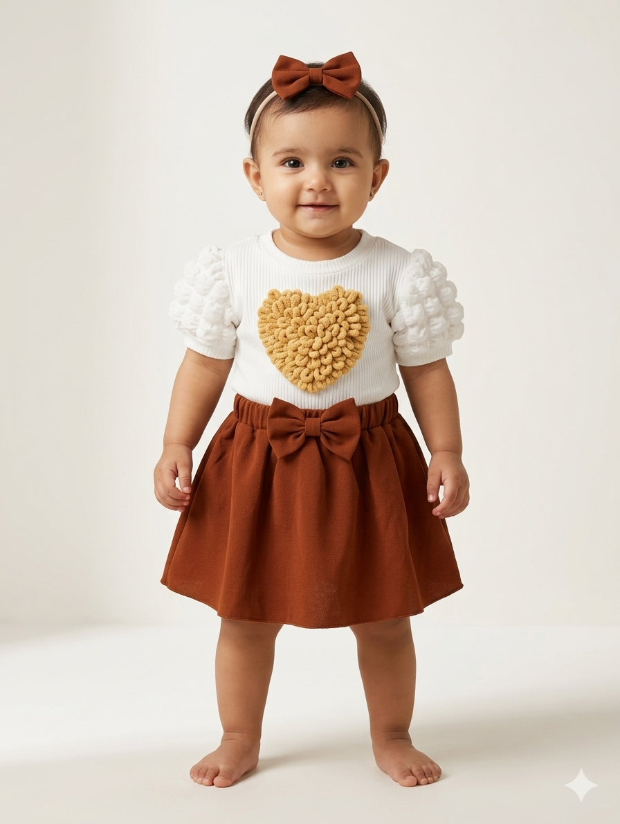 Toddler Girls Textured Heart Top and Bow Skirt Set in Red, Pink, and Brown