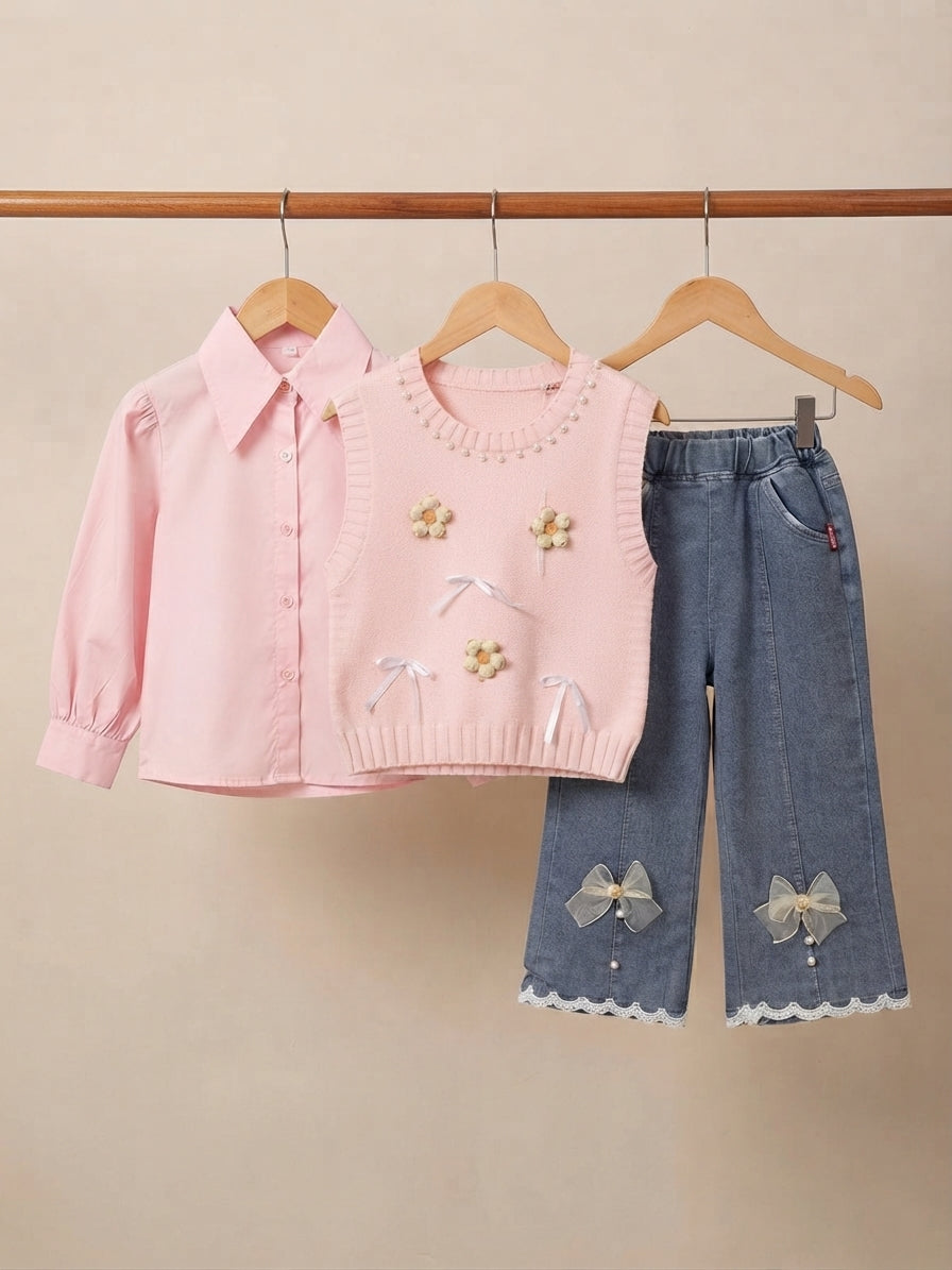 Chic 3-Piece Girls Floral Knit Vest Blouse And Bow Denim Pant Outfit Set
