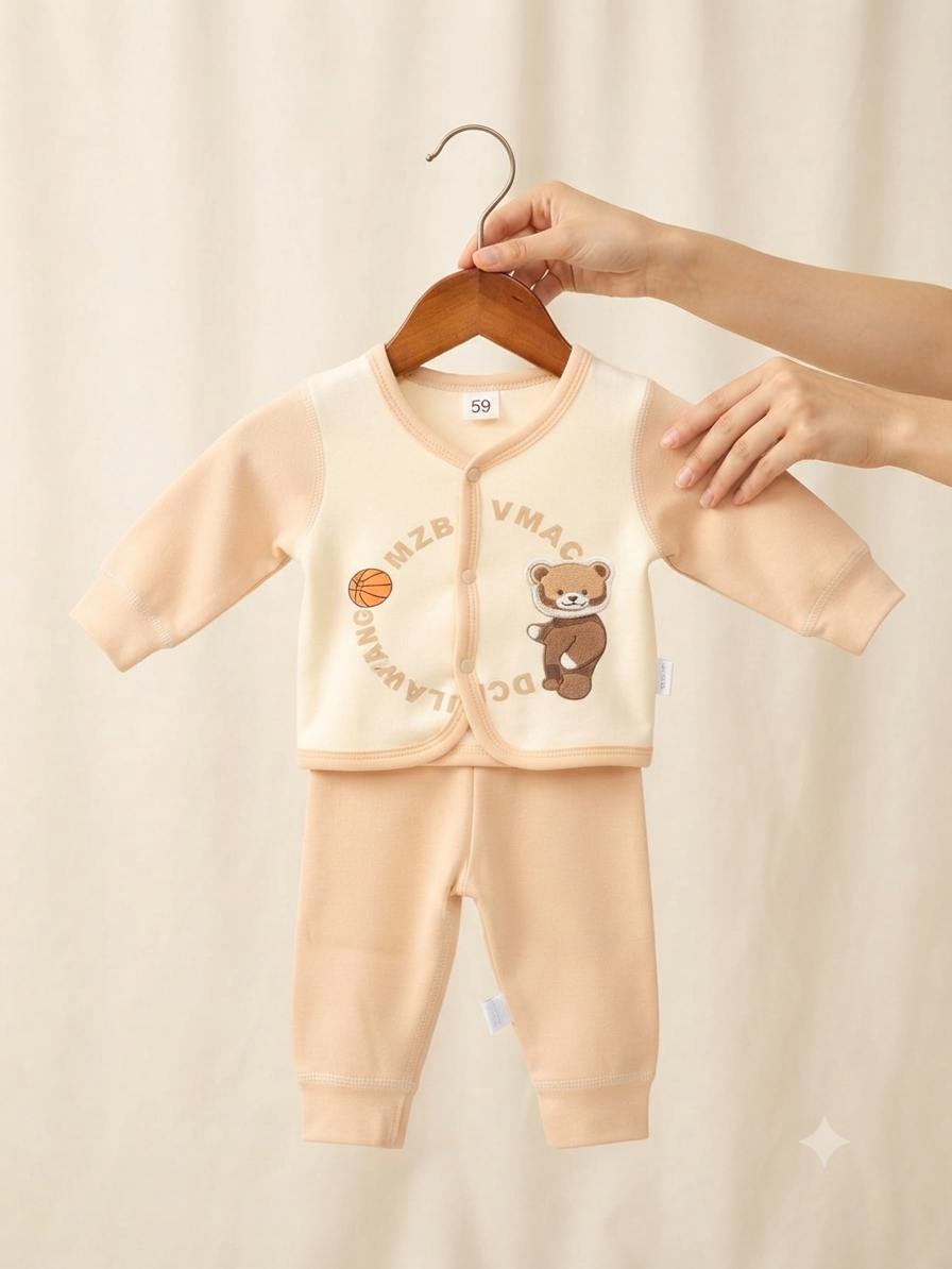 Cute Baby Bear Print Cotton Thermal Top and Bottom Clothing Set