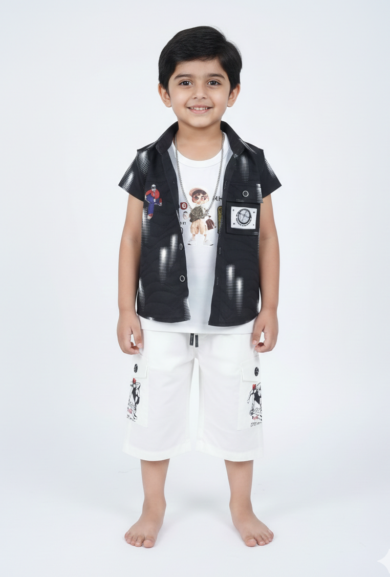 Boys' Urban Explorer Three-Piece Beige and White Cargo Short Set with Graphic Button-Down Shirt