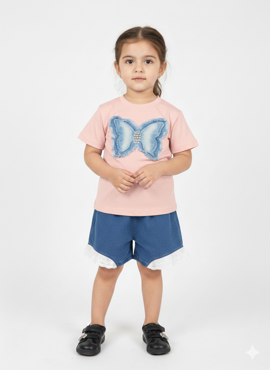 Adorable Girls' Butterfly Appliqué T-Shirt and Lace-Trim Denim Shorts Two-Piece Summer Outfit Set