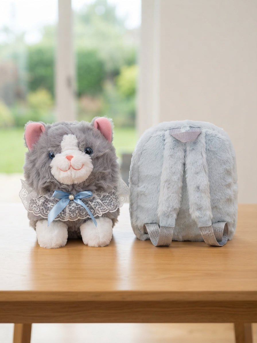 Cute Fluffy Grey Cat Plush Backpack With Soft Fur And Blue Ribbon For Kids