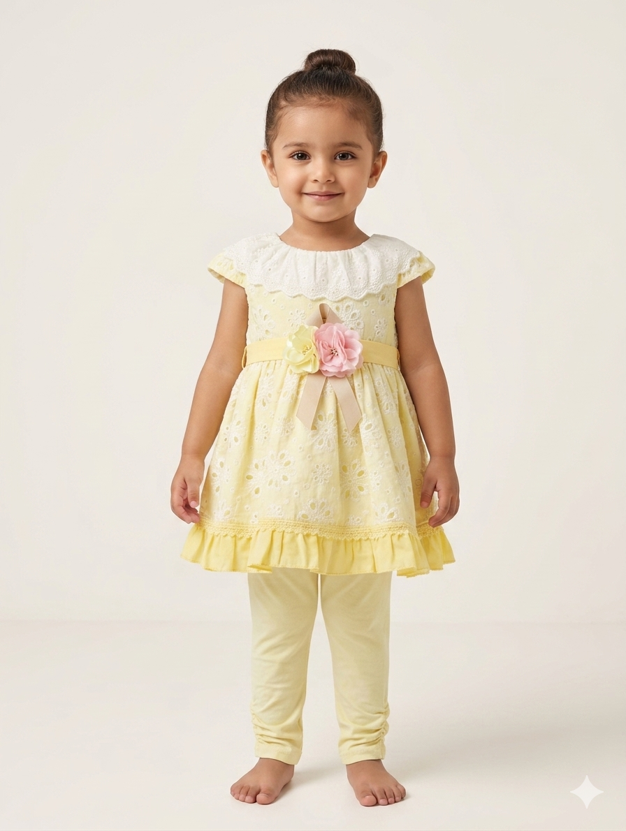 Adorable Girls Chikankari Embroidered Cotton Tunic and Leggings Set in White and Summer Yellow