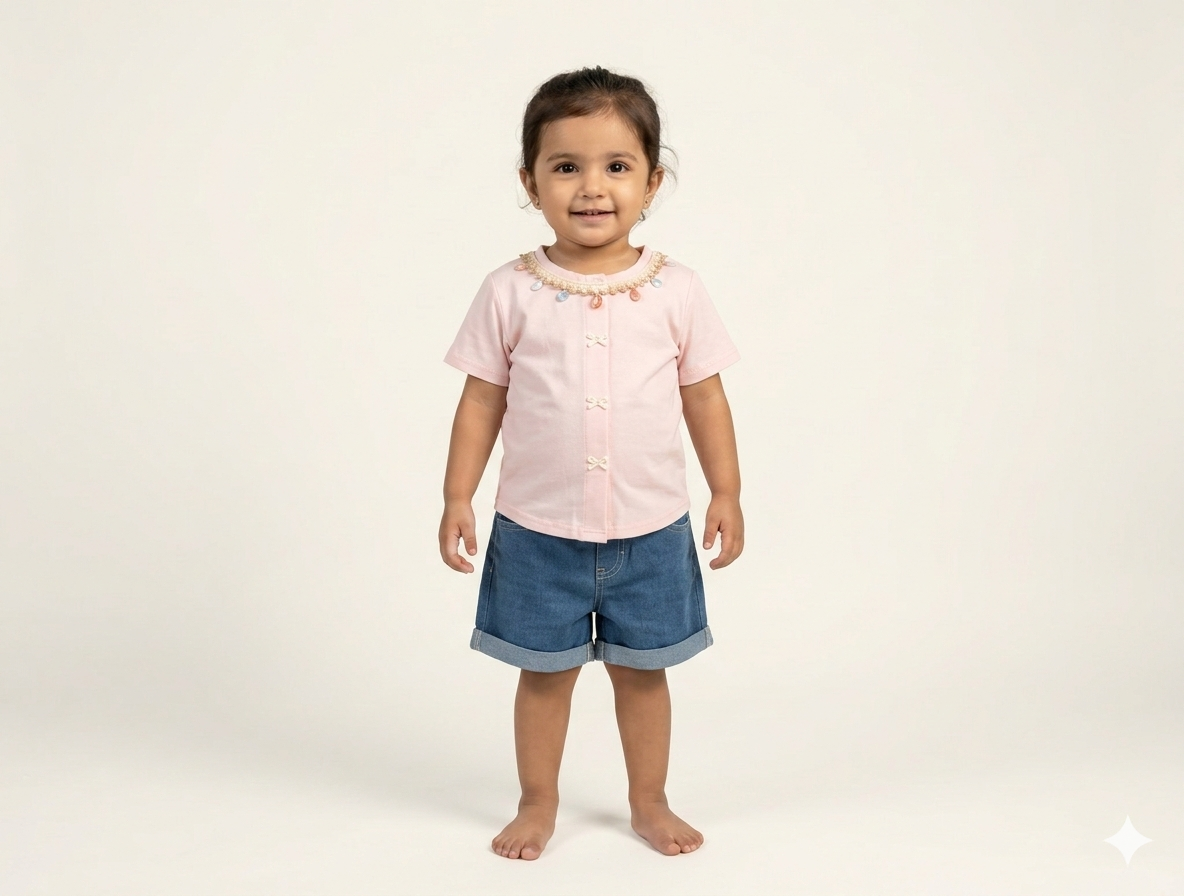 Toddler Girls' Embellished Pastel Tee and Cuffed Denim Shorts Two-Piece Summer Fashion Outfit Set