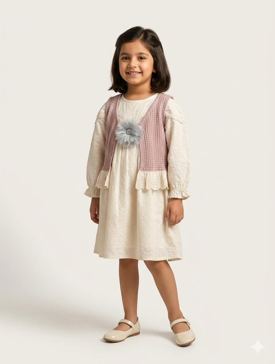 Elegant Little Girls Long Sleeve Eyelet Dress with Floral Applique Crochet Vest Two-Piece Set