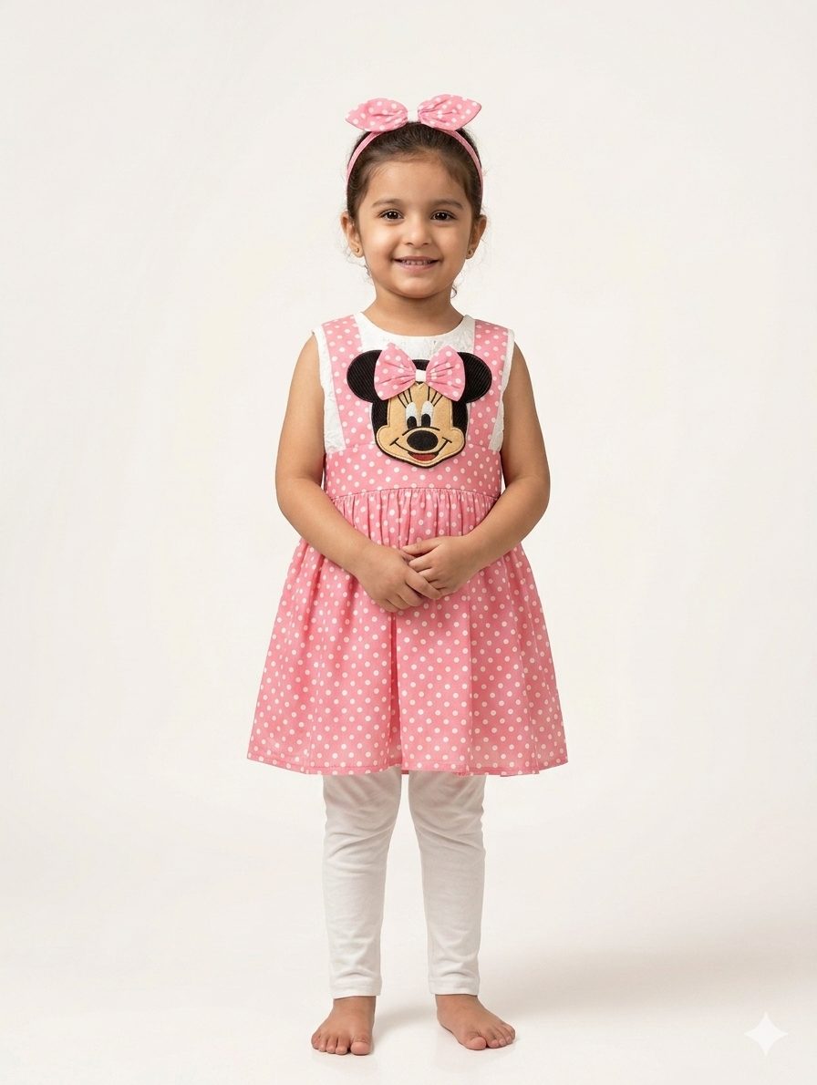 Girls Minnie Mouse Polka Dot Pinafore Dress with Matching Headband and White Leggings Set