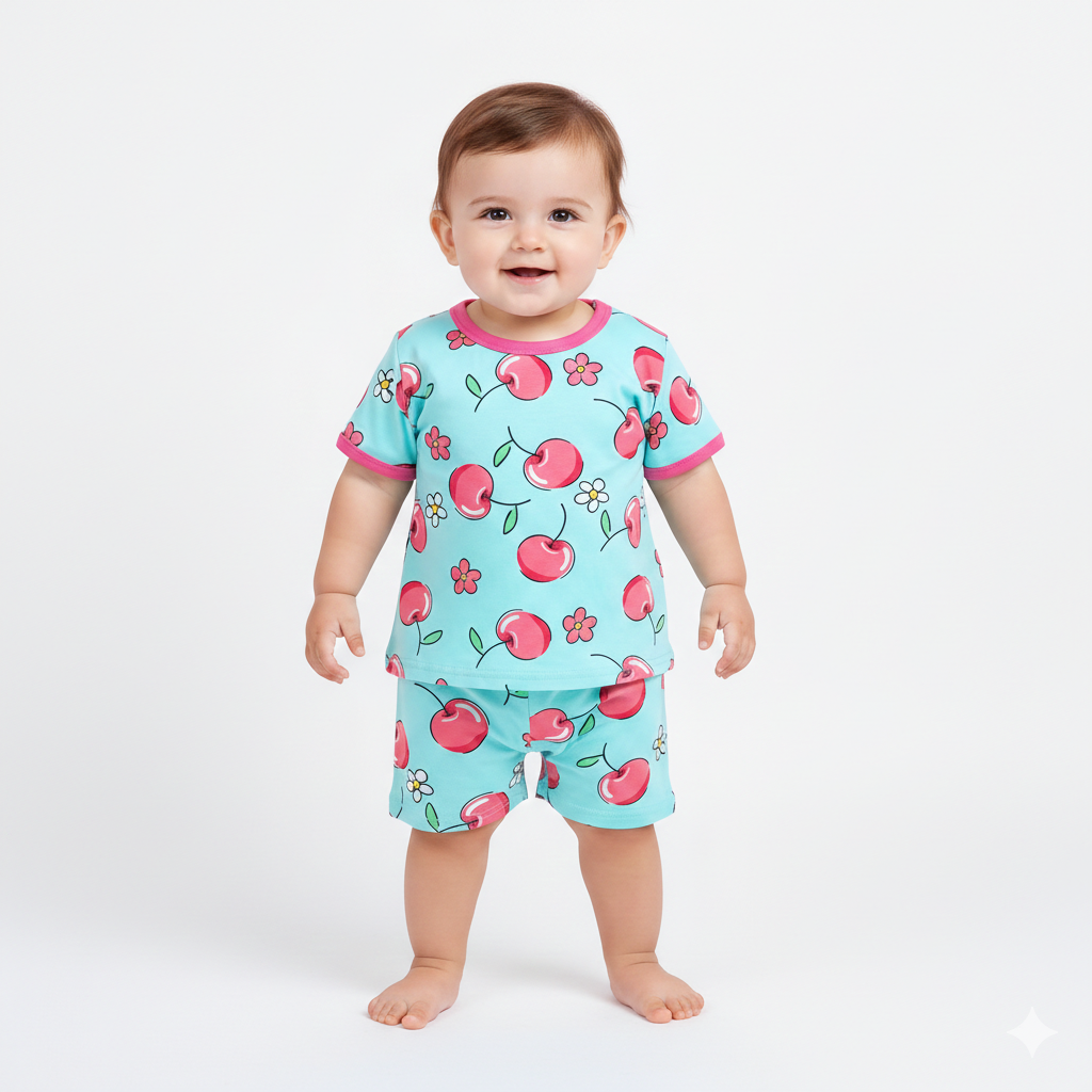 Toddler Boy Cherry Print Pajama Set Teal Cotton Short Sleeve Shirt and Matching Shorts