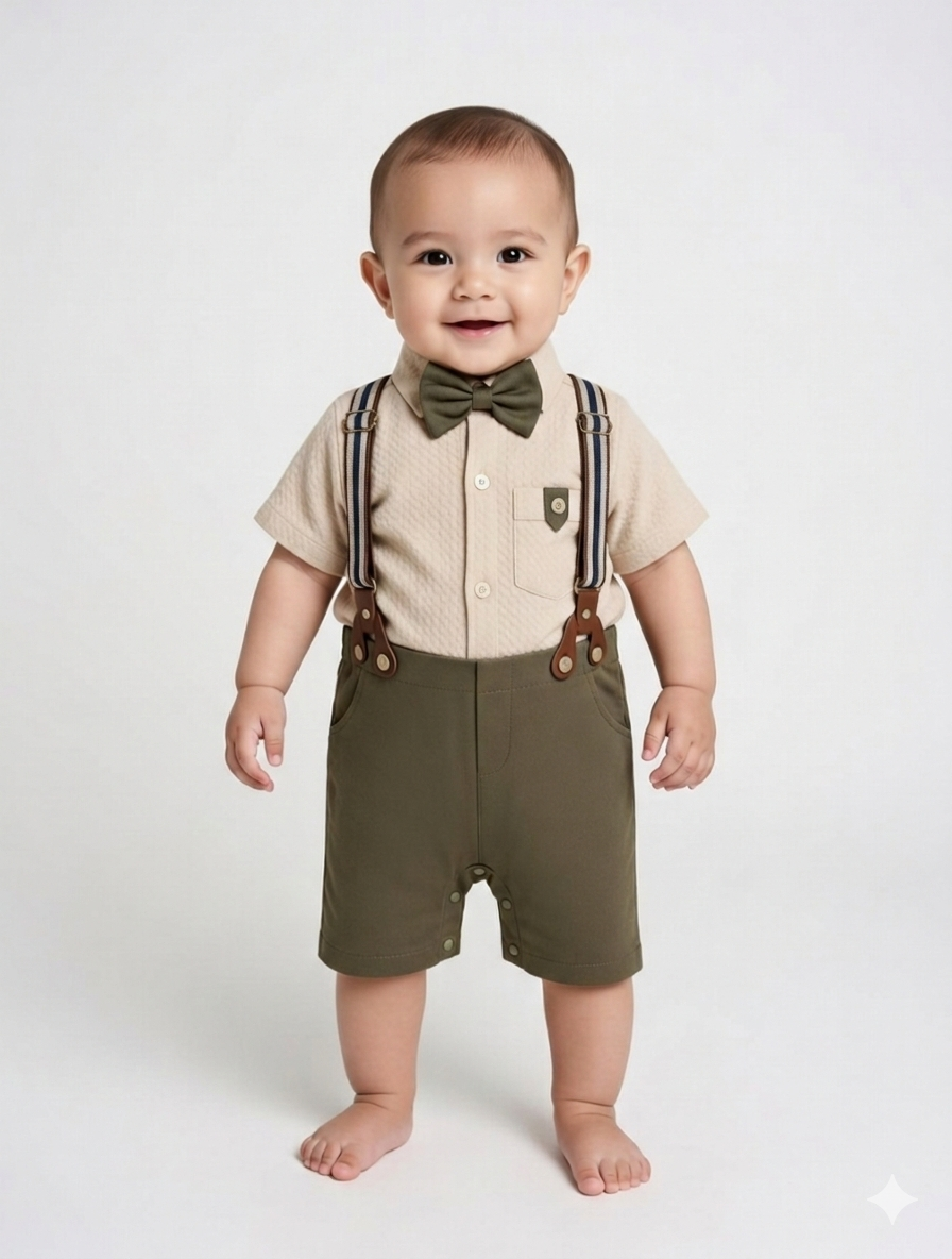 Baby Boy Formal Suspender Romper Set with Bow Tie and Polka Dot Star Accents
