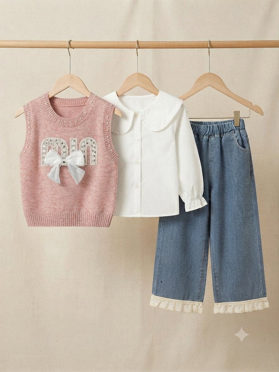 Chic 3-Piece Girls Outfit Set Featuring Beaded Knit Vest Blouse and Full Length Trousers