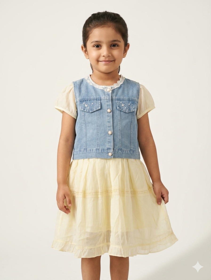 Charming Girls Pale Yellow Tiered Dress with Embellished Denim Vest Combo