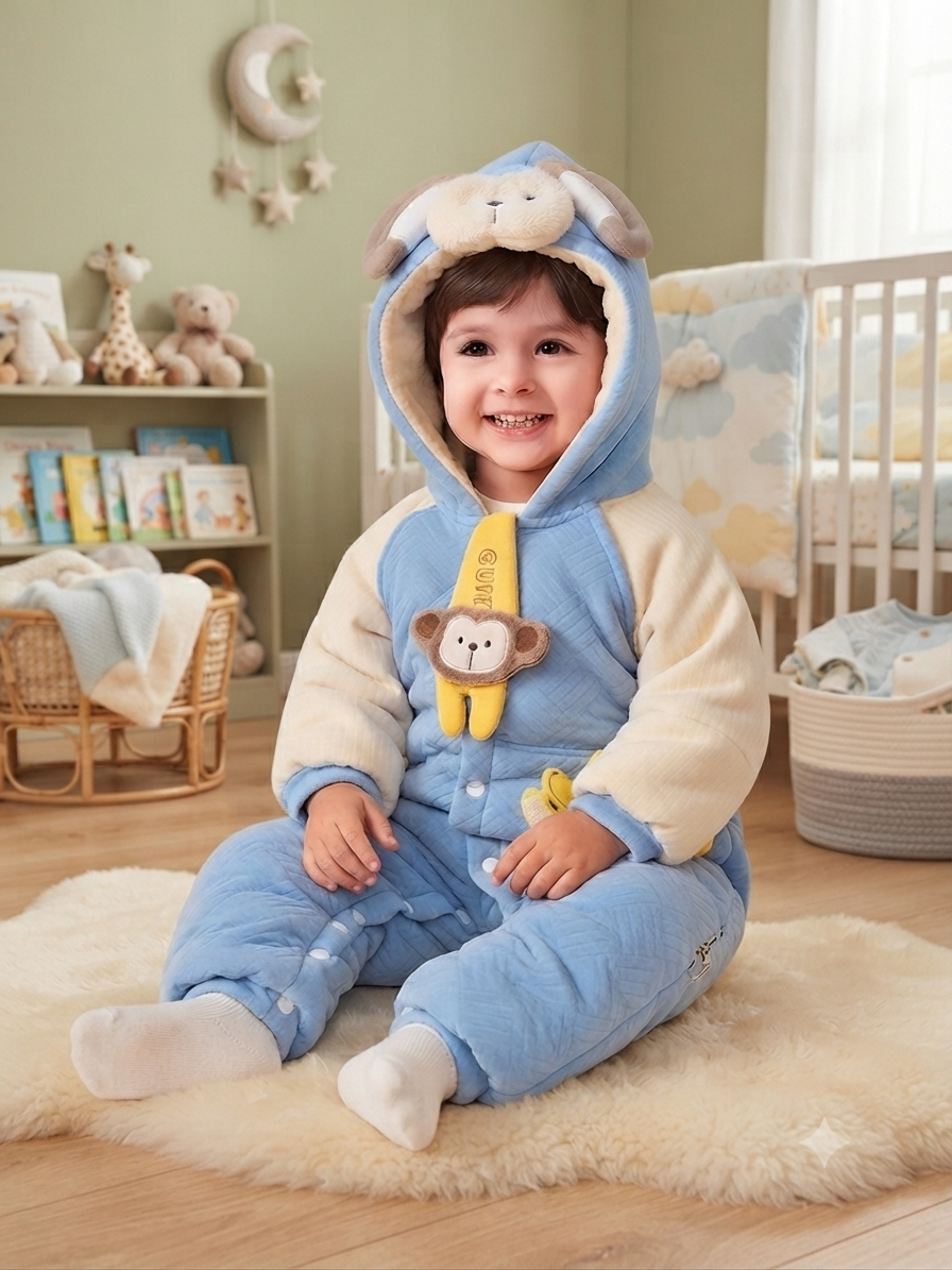 Adorable Green Monkey Hooded Baby Romper Warm Fleece Winter Jumpsuit For Toddler Boys