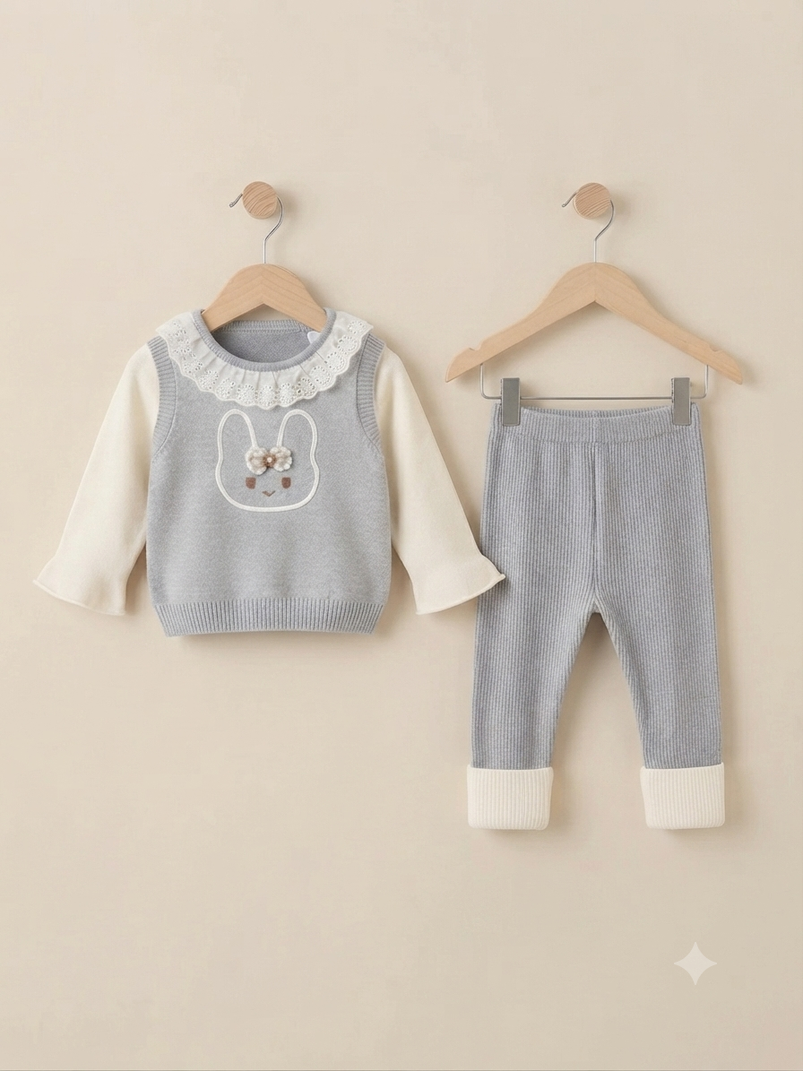 Cute Baby Girl Bunny Sweater and Ribbed Pants Outfit in Three Colors
