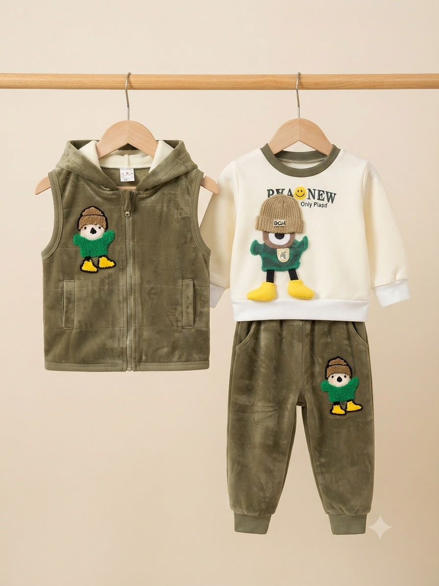 Cute Brown Fleece Hooded Vest And Sweatshirt Outfit Set With Bear Design