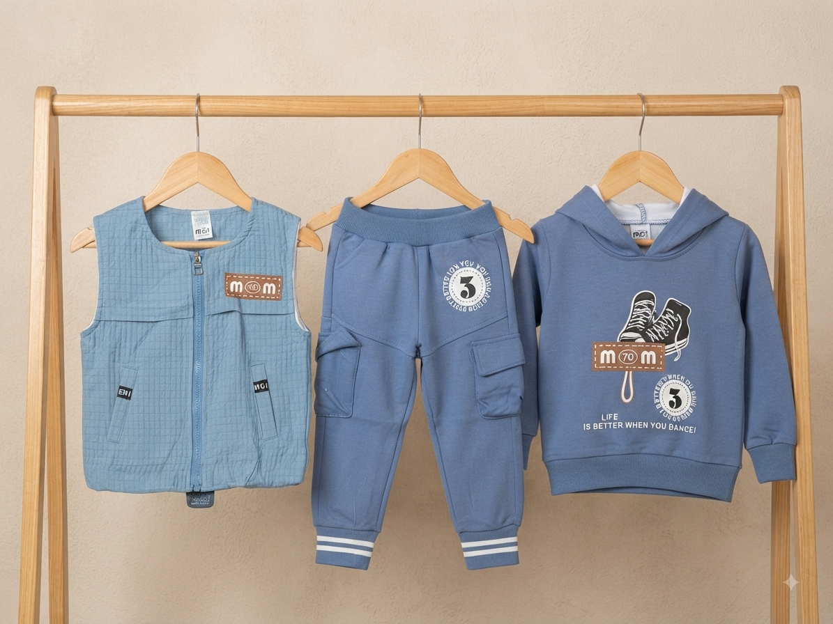 Stylish Kids Blue Zipper Vest Hoodie And Cargo Jogger Pants Three Piece Clothing Set