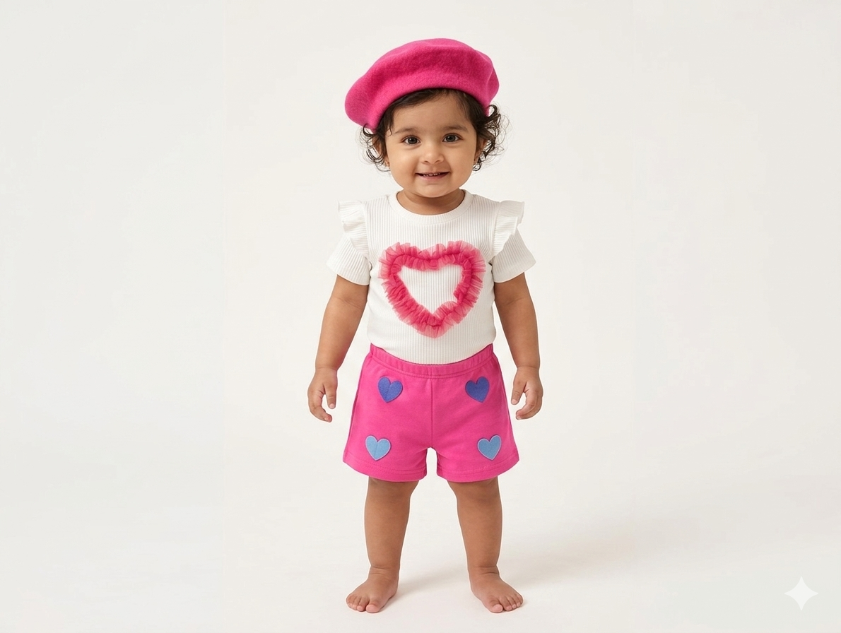 Baby Girls Red Heart Ruffle Ribbed Top and Shorts Set with Matching Red Beret
