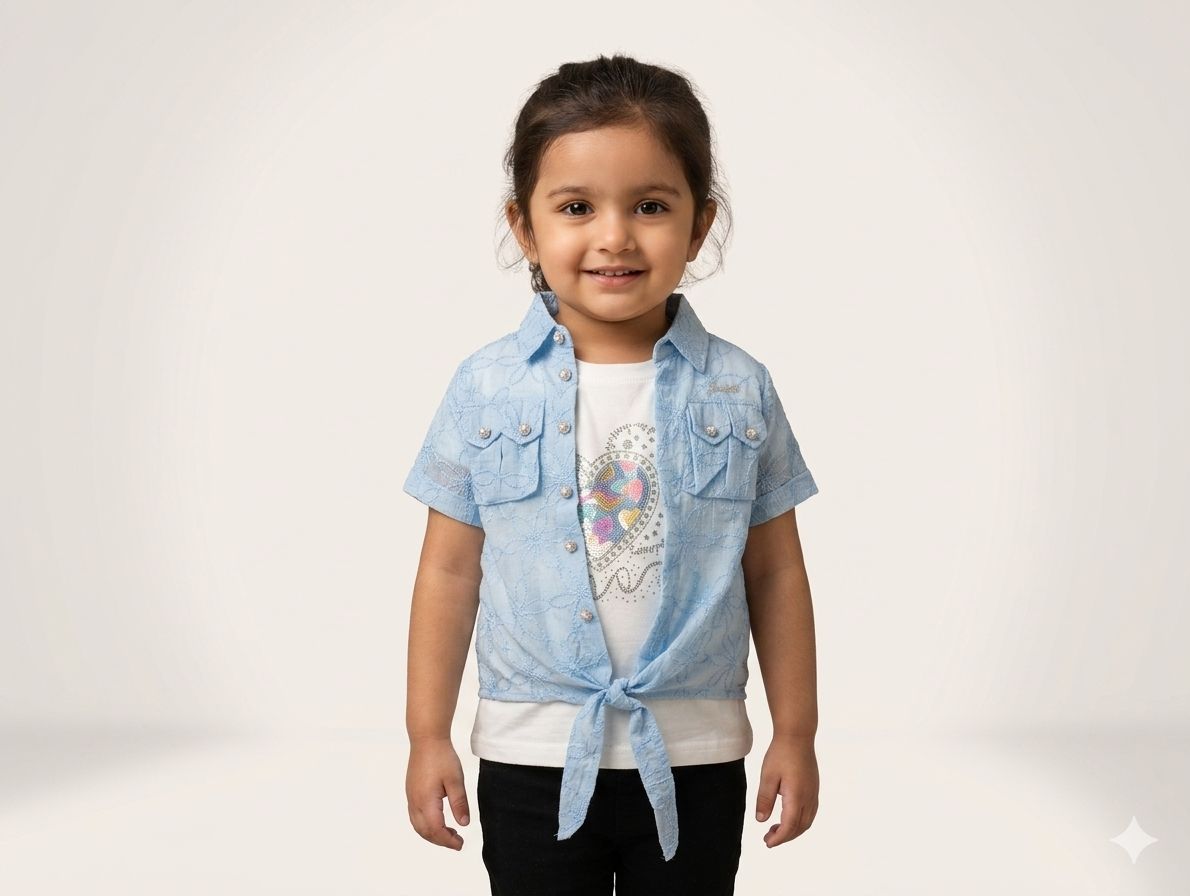 Girls Elegant Floral Lace Tie Front Shrug Layering Top With Sparkling Heart Graphic Inner Tee