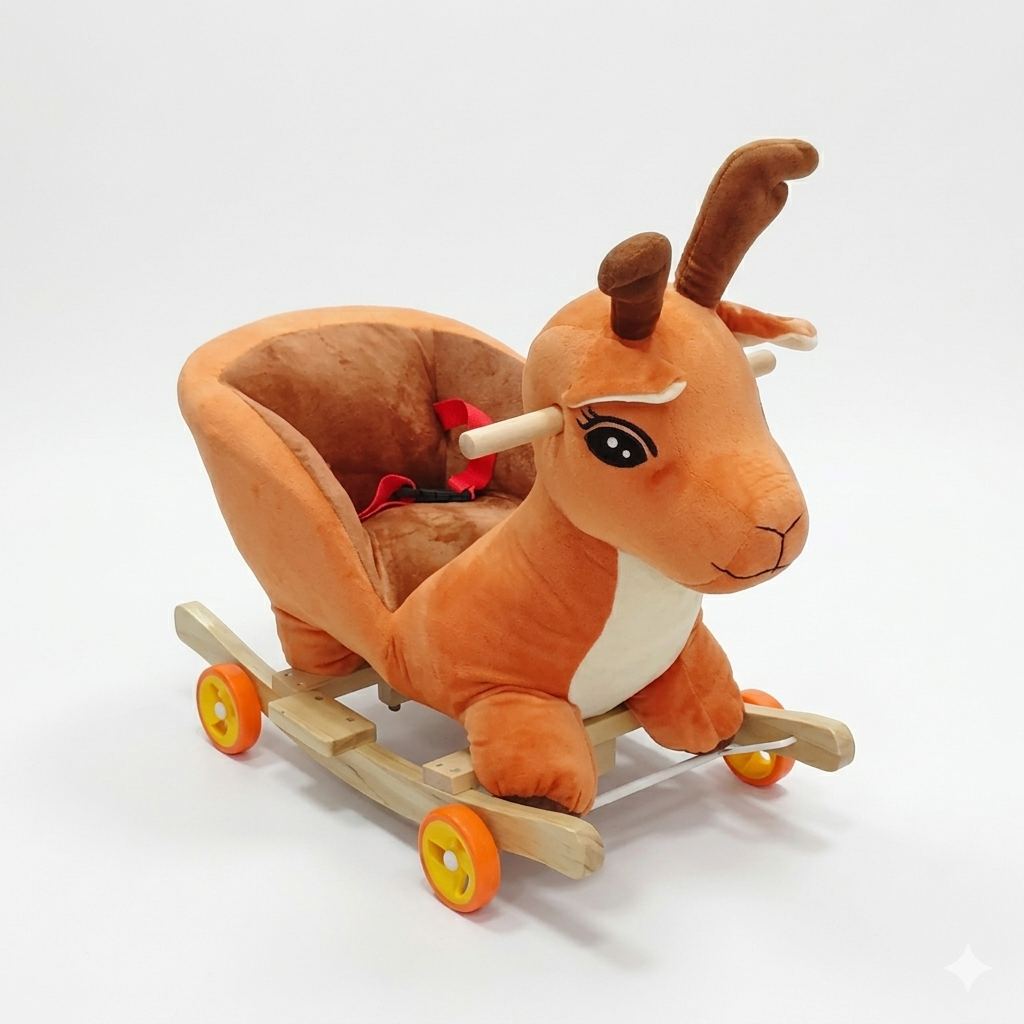 Plush Reindeer 2-in-1 Rocking Horse and Rolling Ride-On Toy with Safety Seat and Wheels