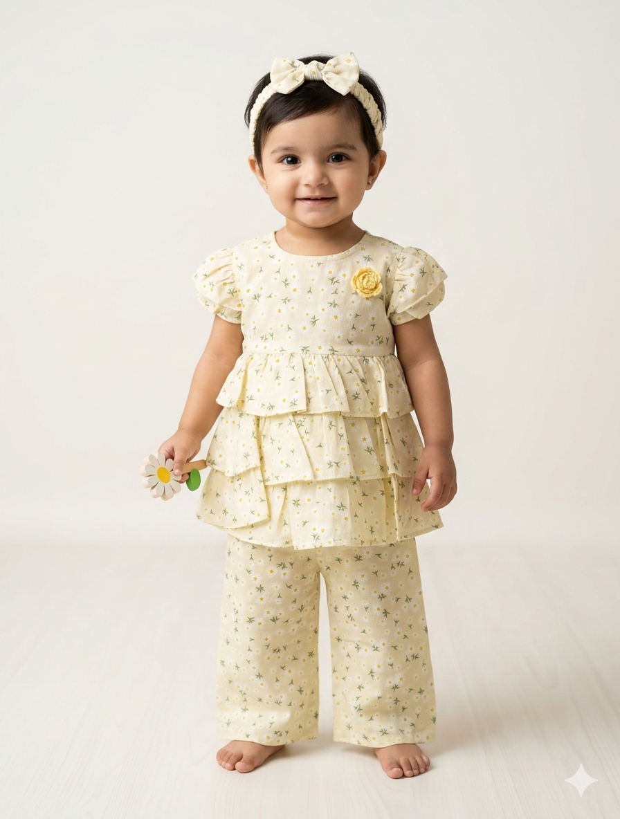 Adorable Three Piece Floral Daisy Tiered Ruffle Tunic and Pants Set with Matching Headband