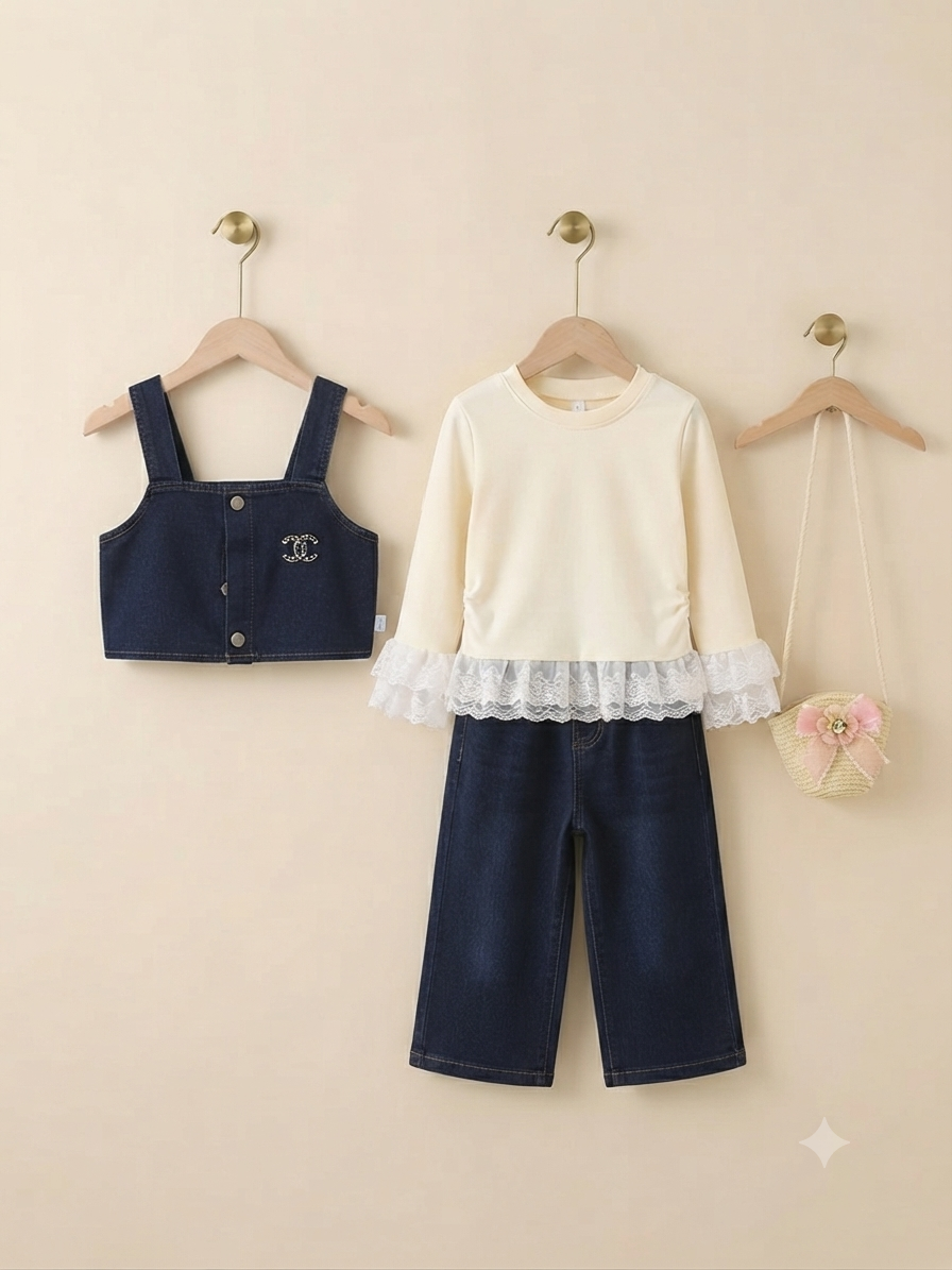 Stylish Girls Denim Crop Top And Shirt Set With Matching Trousers And Cute Bag