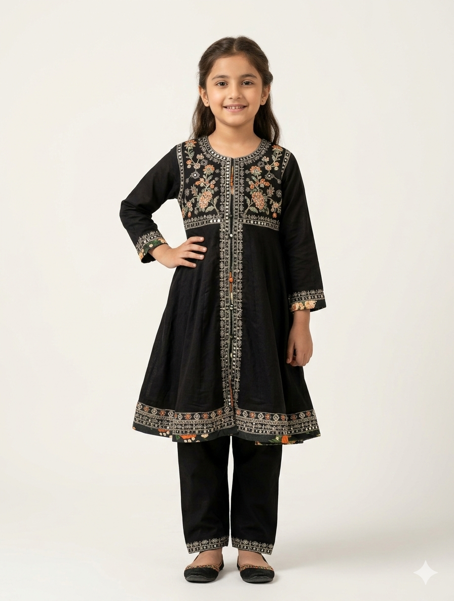 Elegant Girls Black Embroidered Floral Anarkali Frock and Trouser Two Piece Festive Ethnic Set