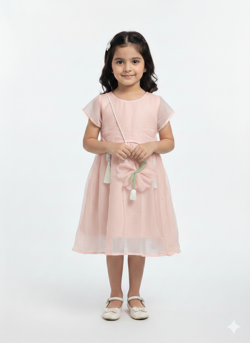 Girls Elegant Chiffon Flutter Sleeve Party Dress with Matching Floral Bag in Three Pastel Colors