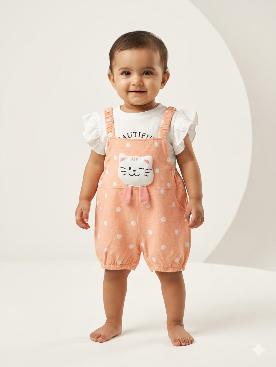 Adorable Baby Girl Two-Piece Set – Peach Polka Dot Dungarees with Ruffled Flutter Sleeve Tee
