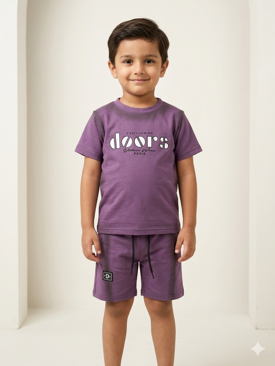 Boys' Premium Two-Piece Summer Short Set with Graphic Tee in Grey, Beige, and Purple