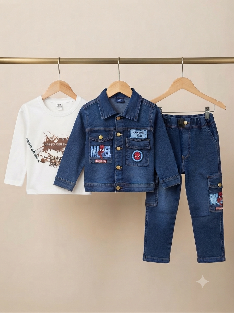 Marvel Spider-Man 3-Piece Outfit Set Denim Jacket Shirt and Cargo Pants for Boys
