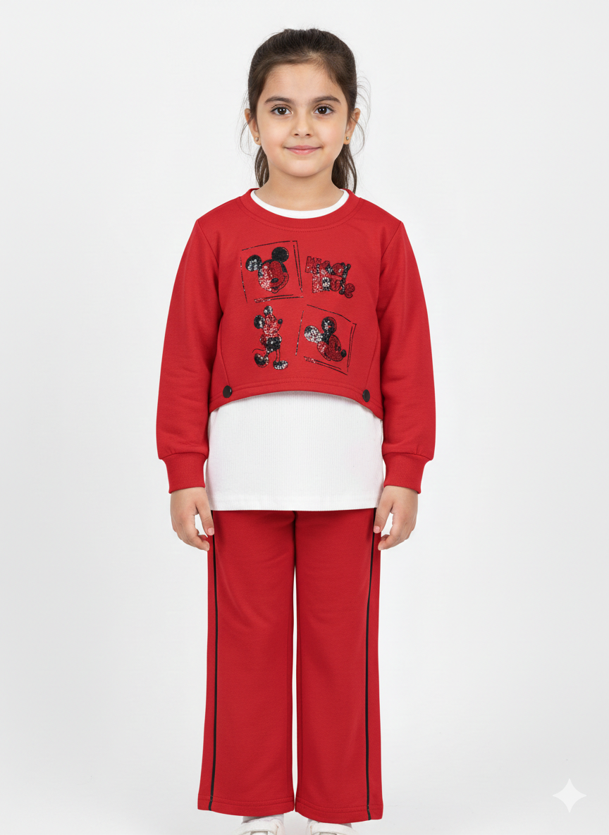 Girls' Three-Piece Mickey Mouse Graphic Sweatshirt Set with Layered Top and Matching Jogger Pants