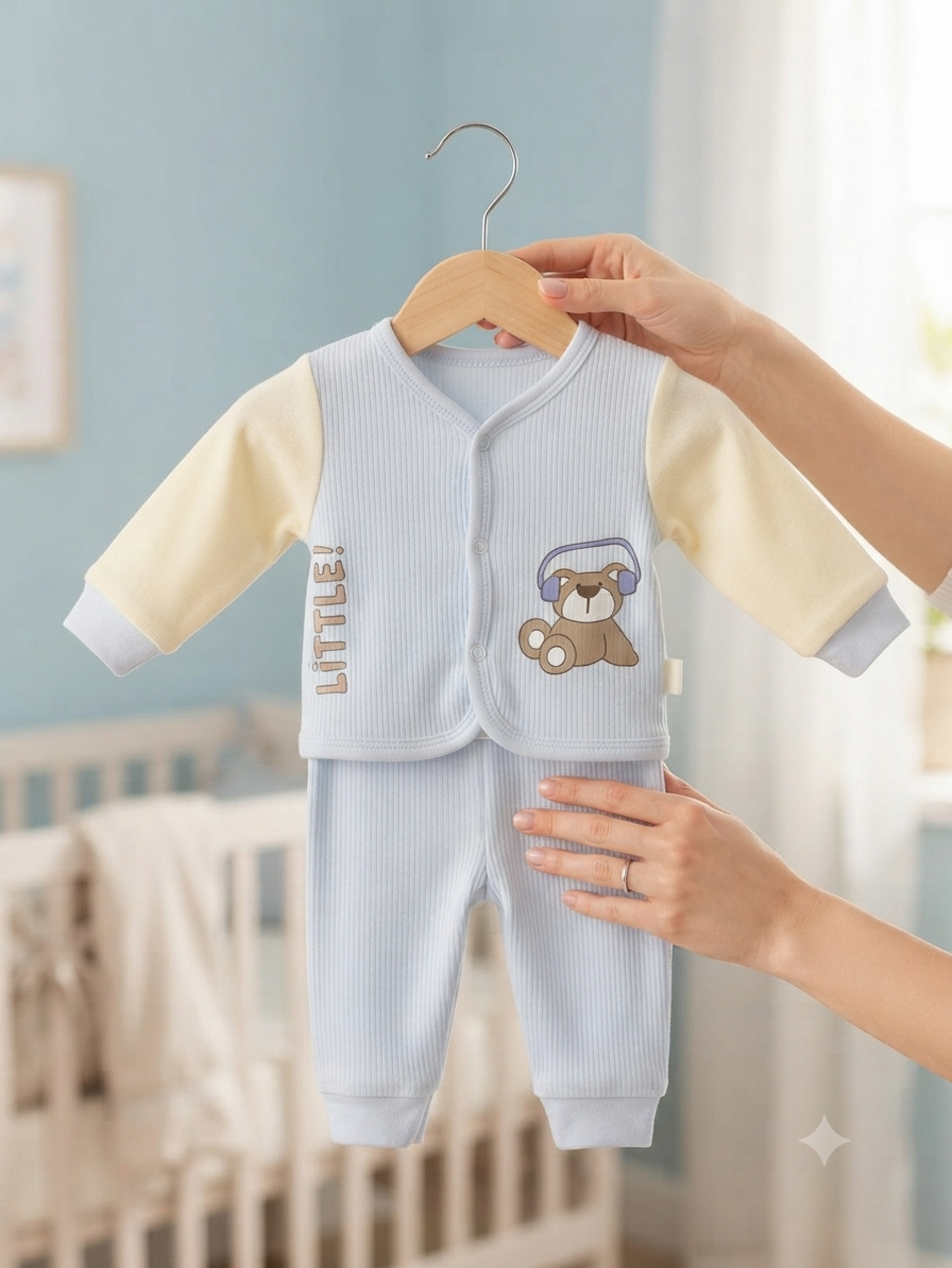 Cute Baby Bear Print Cotton Thermal Top and Bottom Clothing Set
