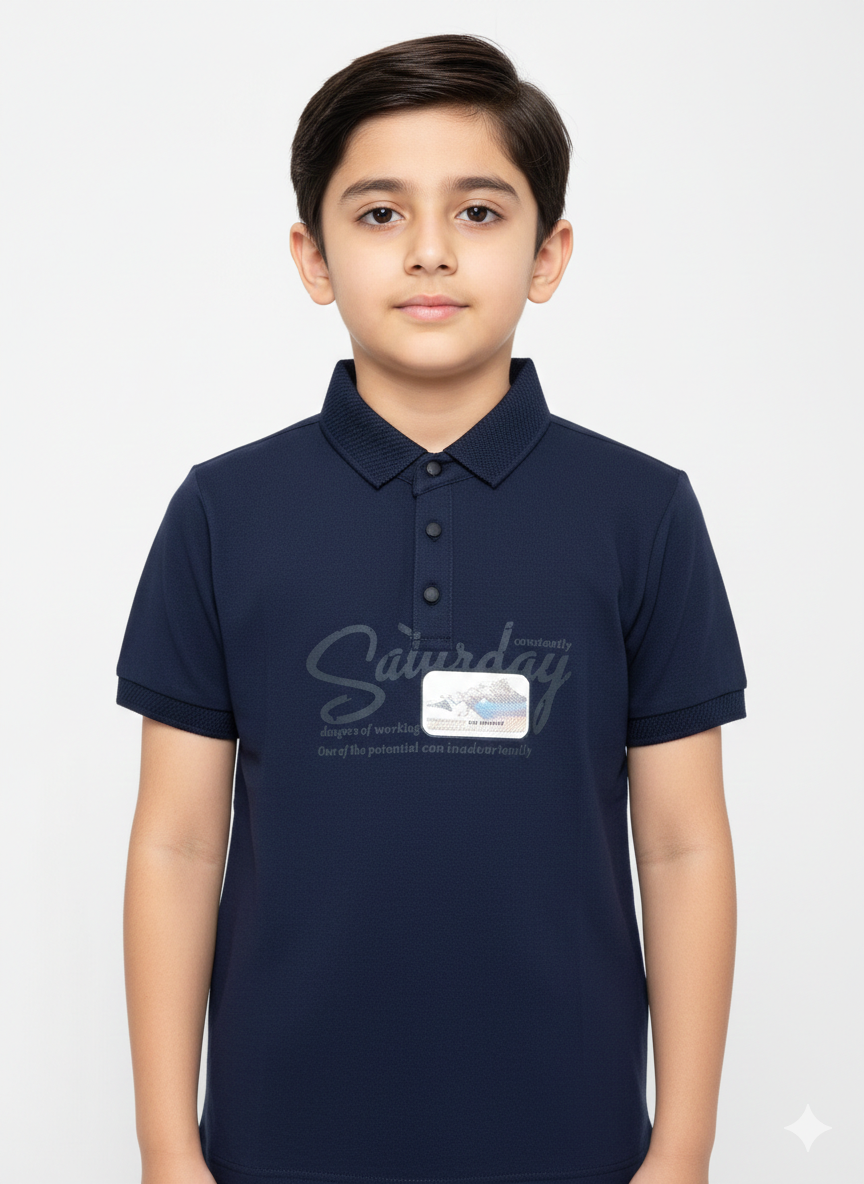 Classic Boys "Saturday" Graphic Polo Shirt Available In Multiple Colors For Versatile Weekend Styling