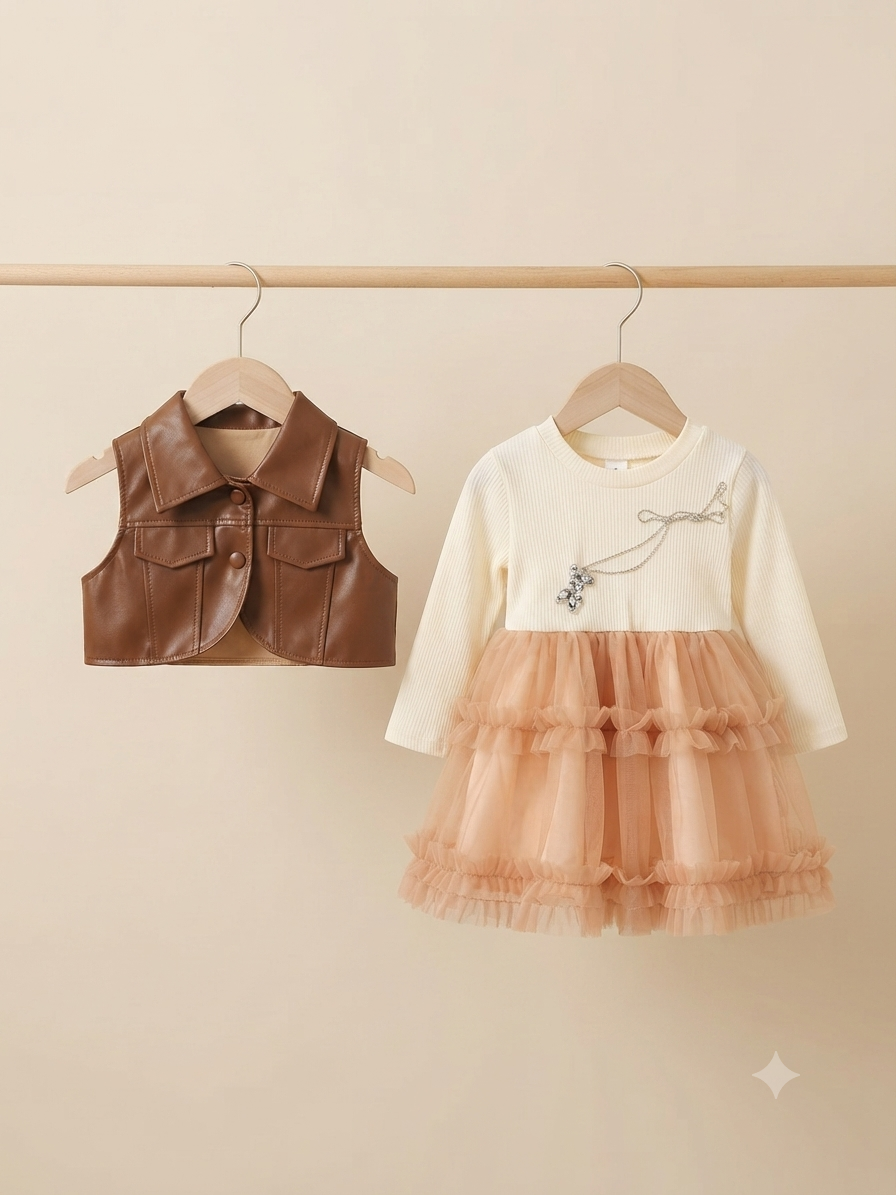 Stylish Toddler Girl Outfit Set: Cream Ribbed Dress With Ruffle Tulle Skirt And Faux Leather Vest