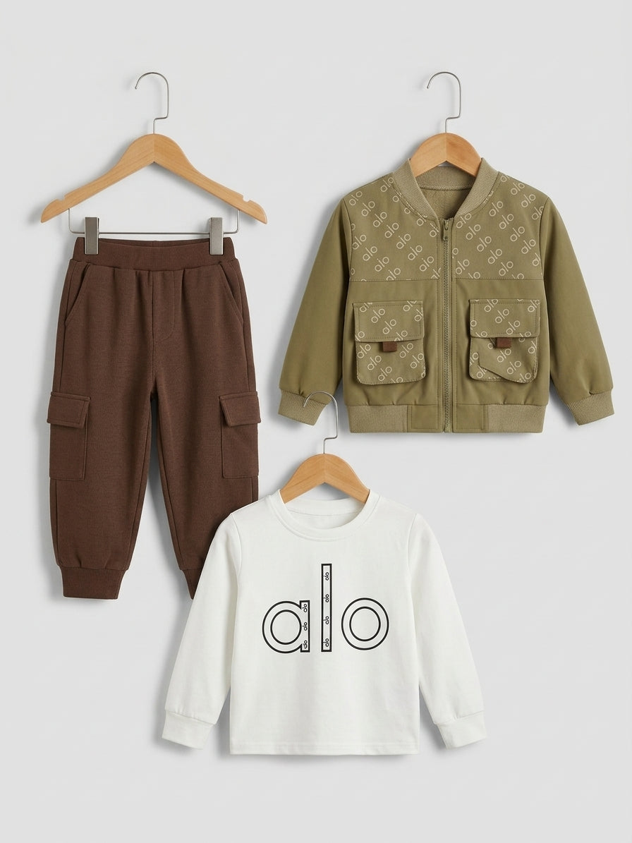 Kids 3-Piece Outfit Set With Printed Long Sleeve Shirt Jacket And Cargo Pants