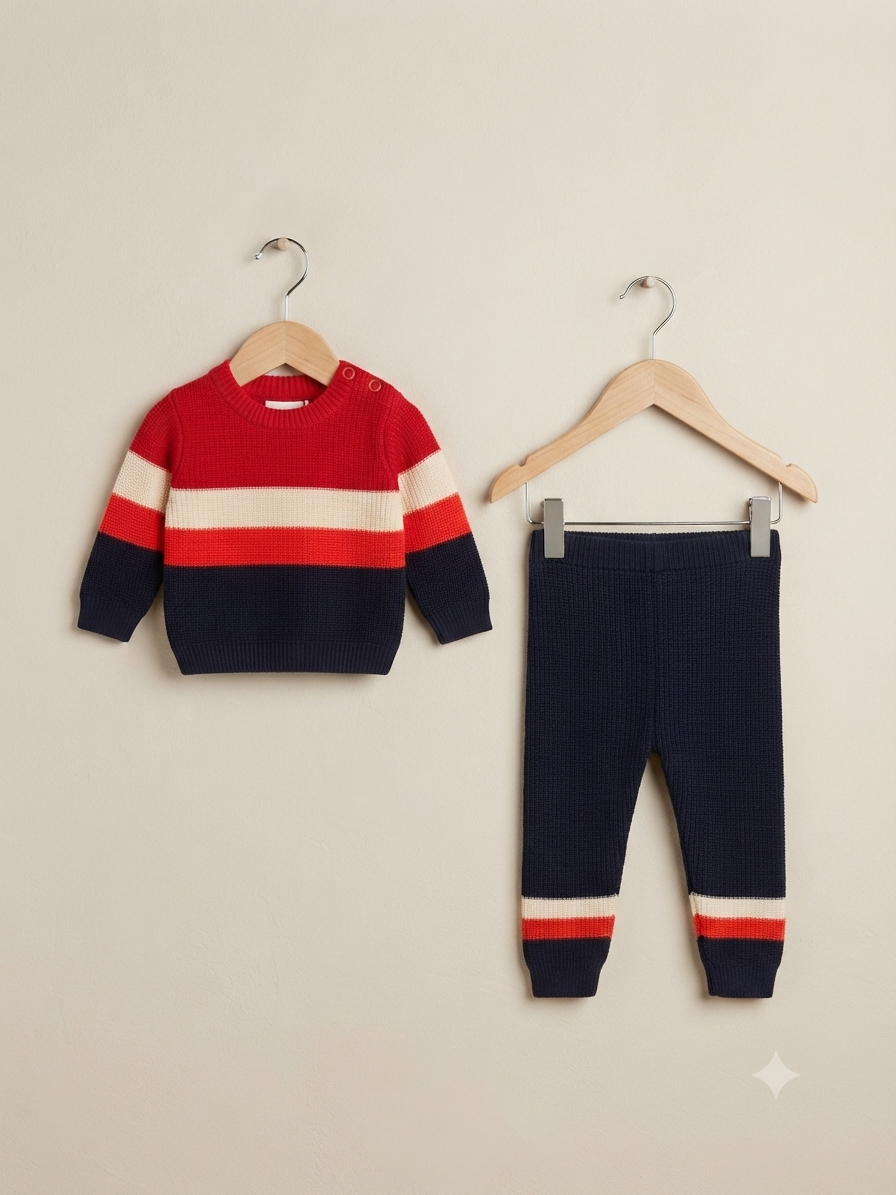 Baby Knitted Sweater And Trouser Set With Striped Pattern For Toddlers