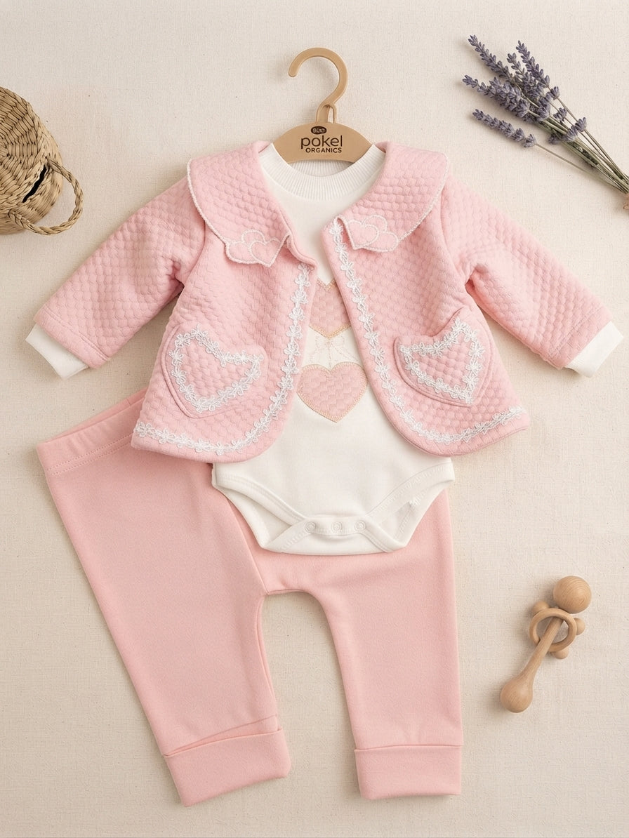 Imported Turkish Baby Girl Quilted Heart Jacket Bodysuit And Trousers Outfit Set