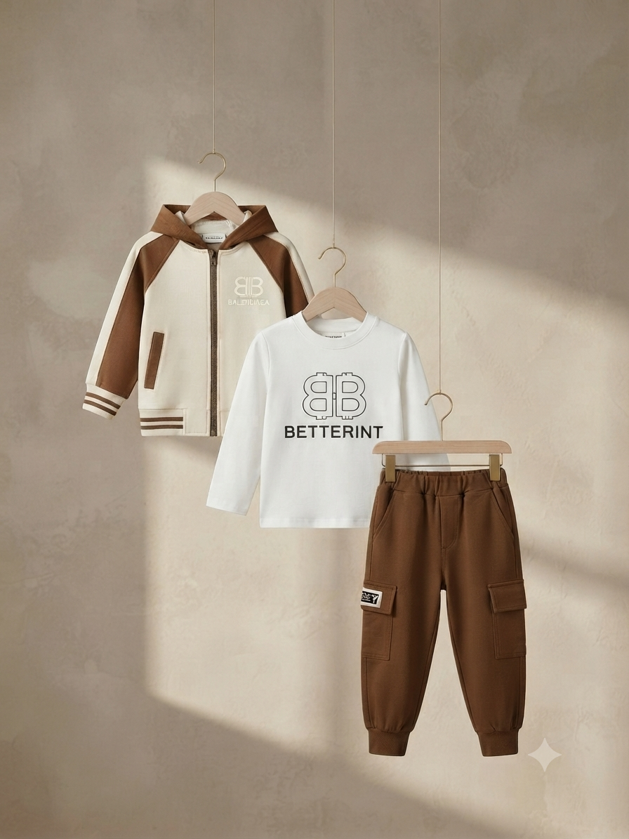 Stylish 3-Piece Kids Outfit Set Featuring Zip Hoodie, Graphic Shirt, and Comfortable Cargo Trousers