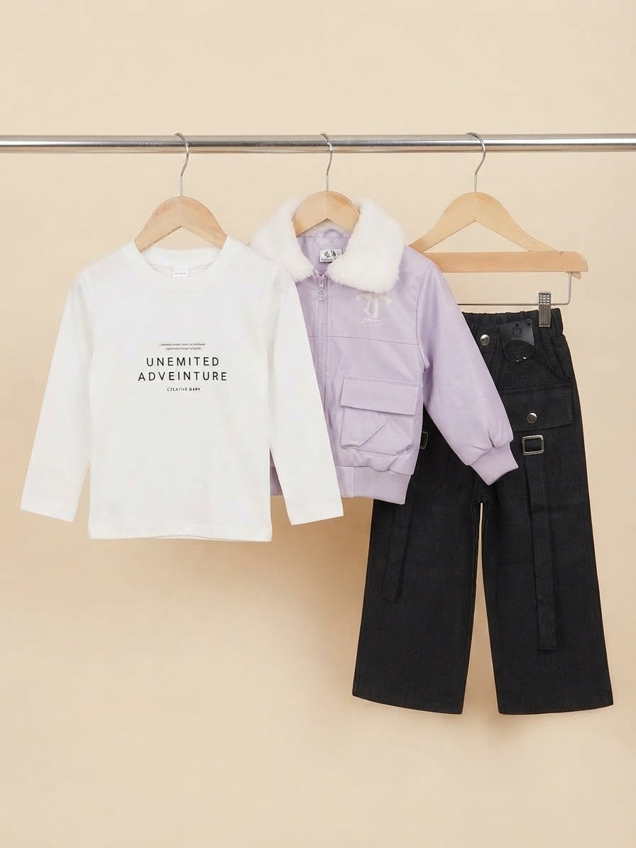 Stylish Kids Winter 3-Piece Outfit Set Featuring Jacket T-Shirt And Comfortable Matching Pants