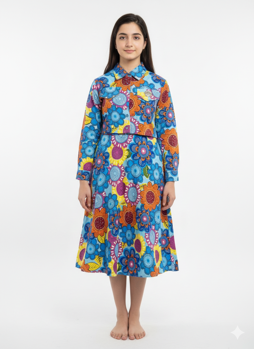 Girls' Retro Daisy Print Long Sleeve Button-Down Frock with Classic Collar and Flared Skirt