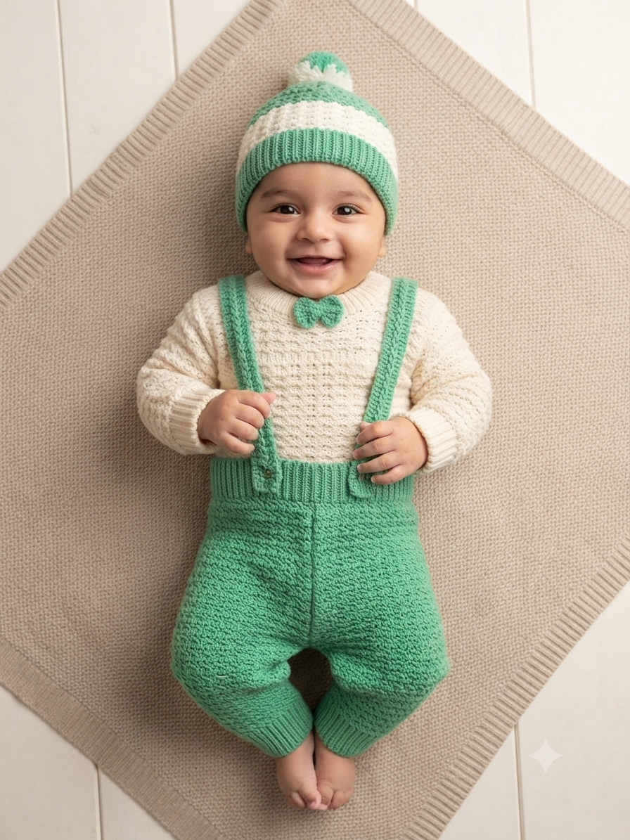 Cute baby knitwear outfit set with long-sleeve sweater, overalls, and matching beanie hat.