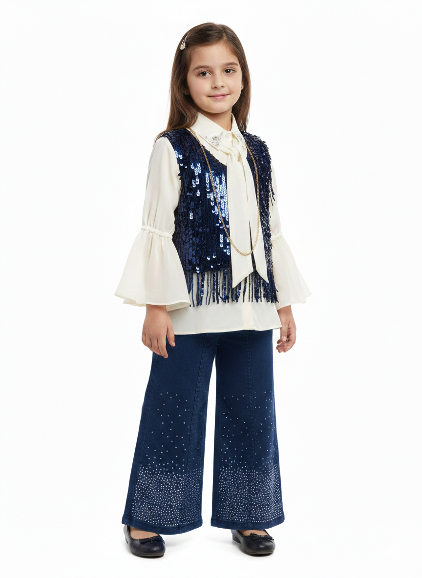 Girls Sequin Fringe Vest and Sparkle Flare Pants Three-Piece Party Outfit Set in Blue