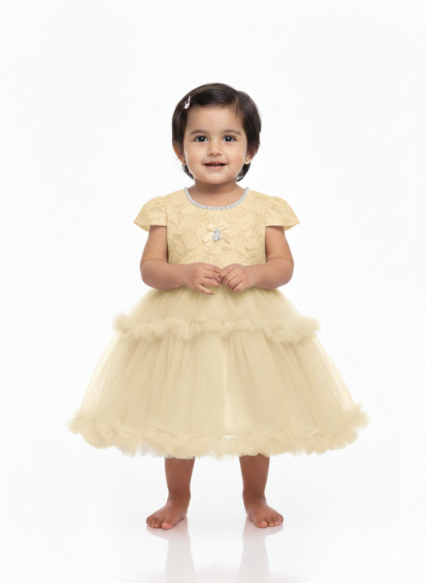Girls' Elegant Tiered Tulle Princess Dress with Lace Bodice and Pearl Beaded Neckline Accent