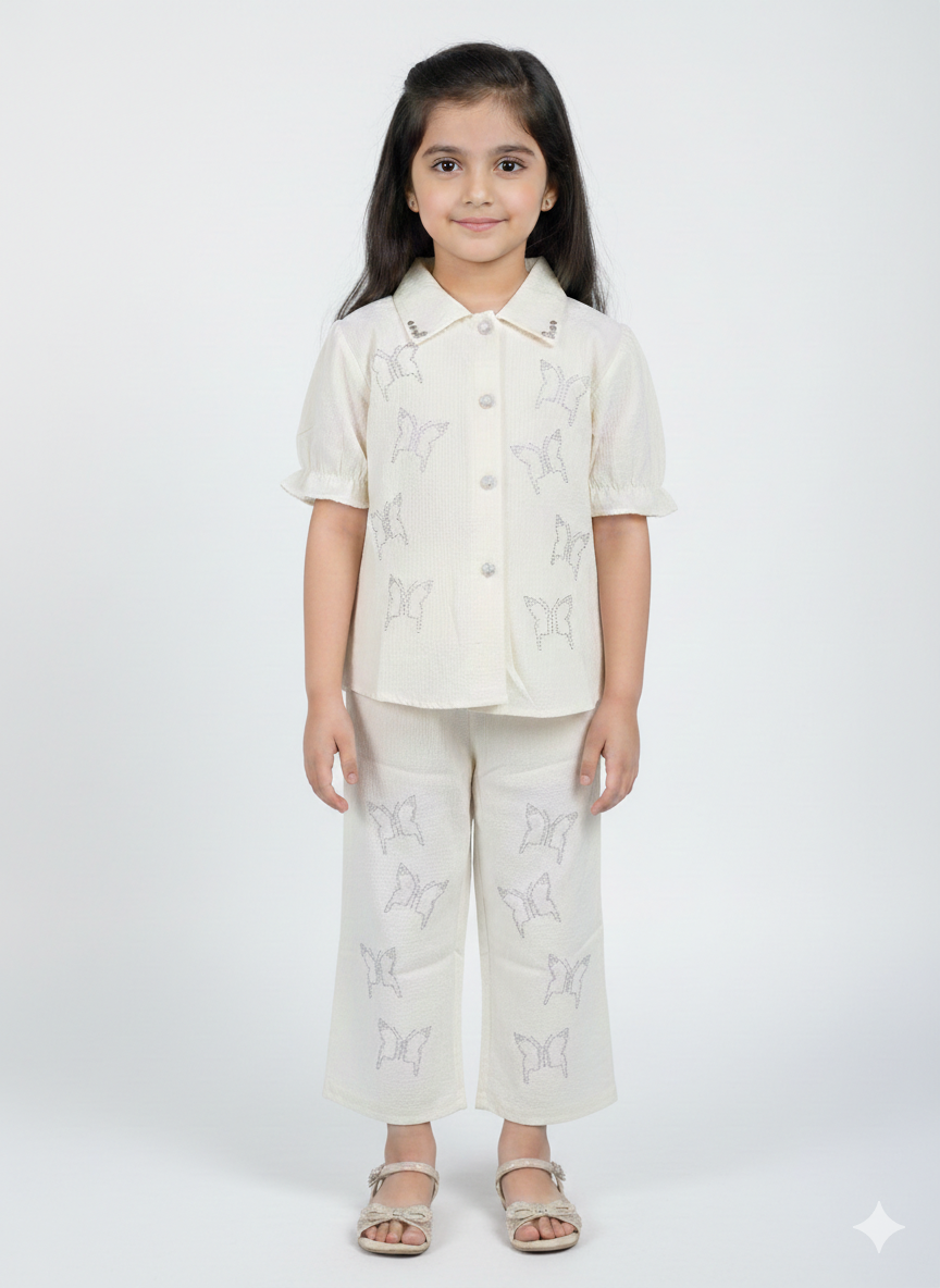 Elegant Girls' Butterfly Embroidered Two-Piece Summer Set in Pale Yellow and Classic Off-White Tones.