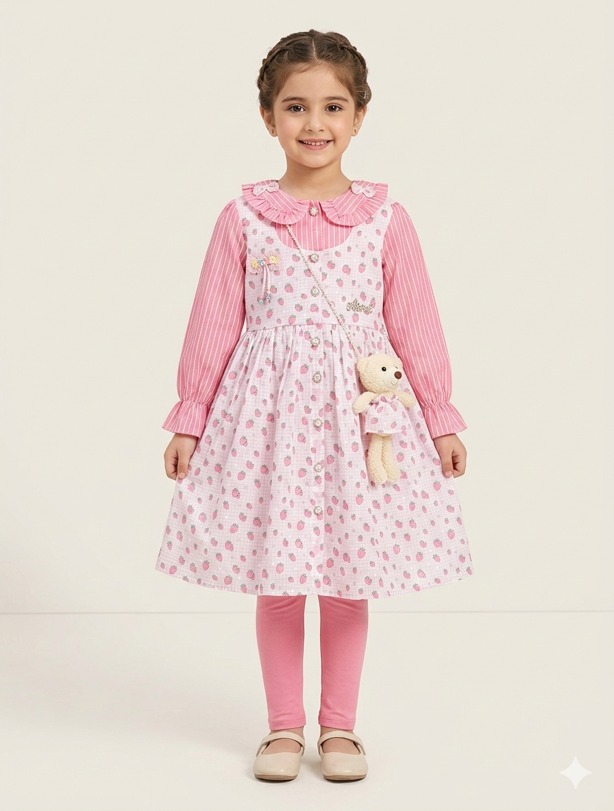 Charming Pink Strawberry Print Dress Set with Long Sleeves and Matching Teddy Bear Purse