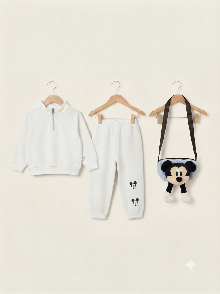 Kids Fleece Sweatshirt Full Length Trouser Matching Crossbody Bag Set for Girls