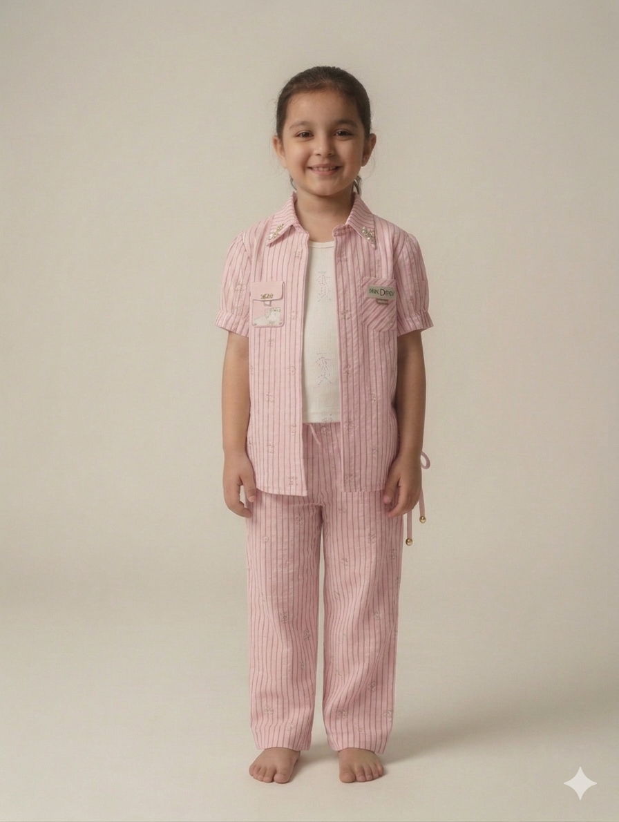 Charming Girls Three Piece Pinstripe Casual Set With Short Sleeve Shirt Tank And Trousers