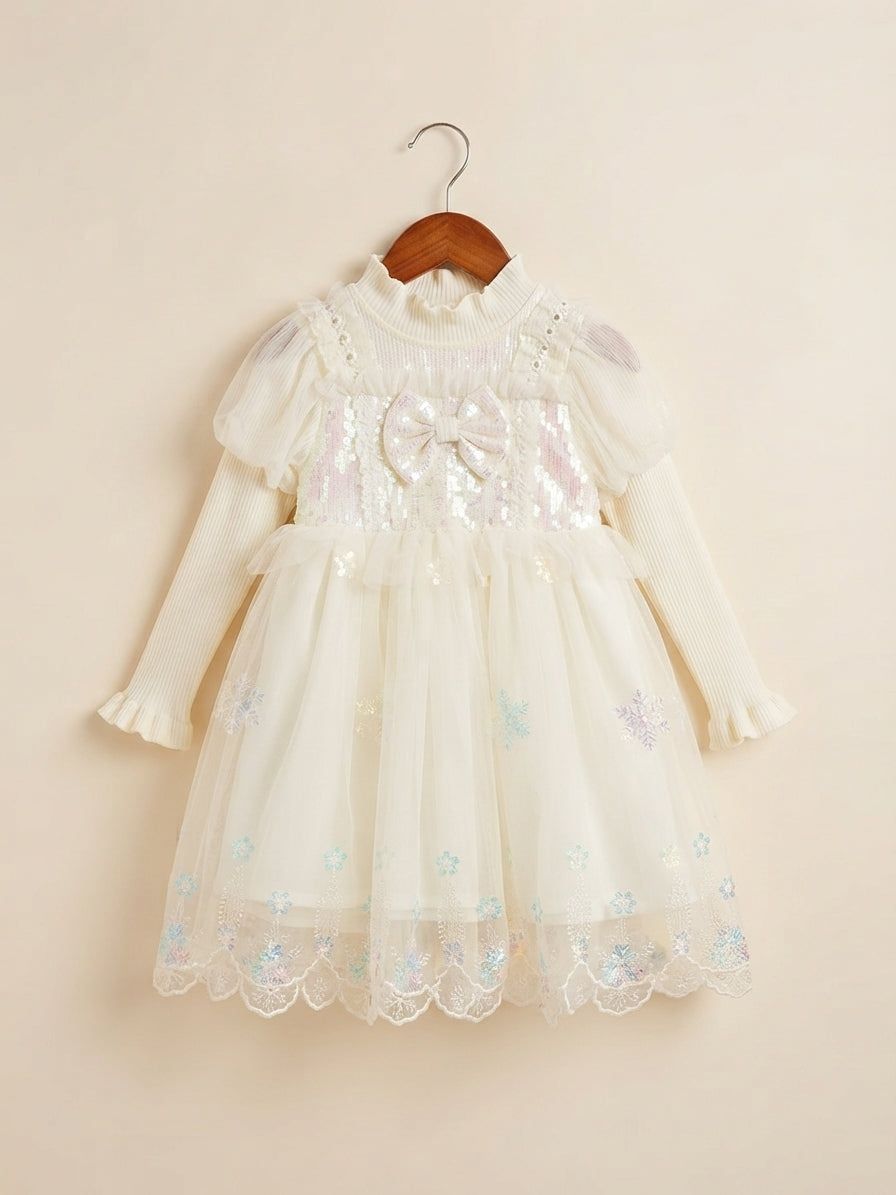 Elegant Winter Sequins Bow Long Sleeve Mesh Party Dress For Cute Little Girls