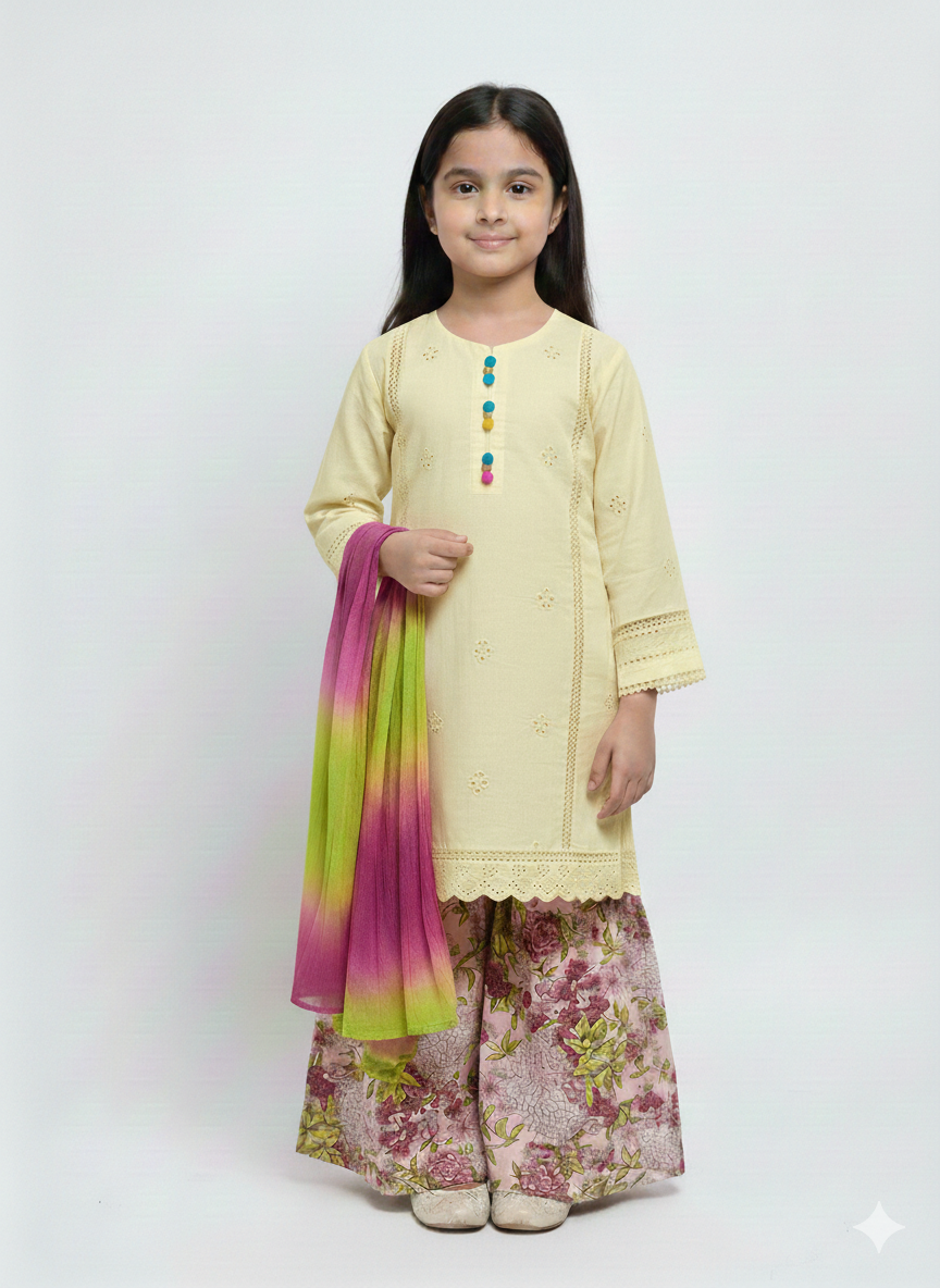 Girls' Chic Chikankari Kurta with Floral Wide-Leg Trousers and Vibrant Ombré Dupatta - 3-Piece Set