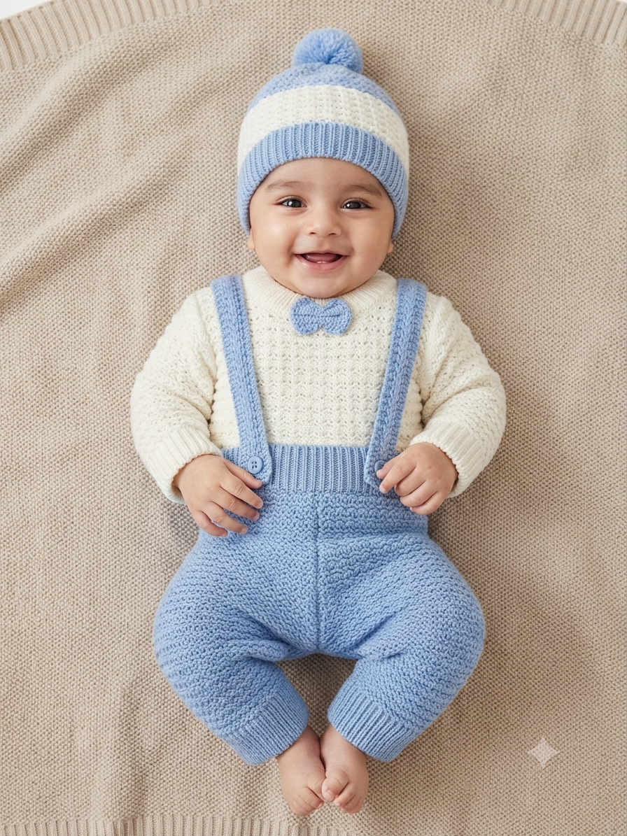 Cute baby knitwear outfit set with long-sleeve sweater, overalls, and matching beanie hat.