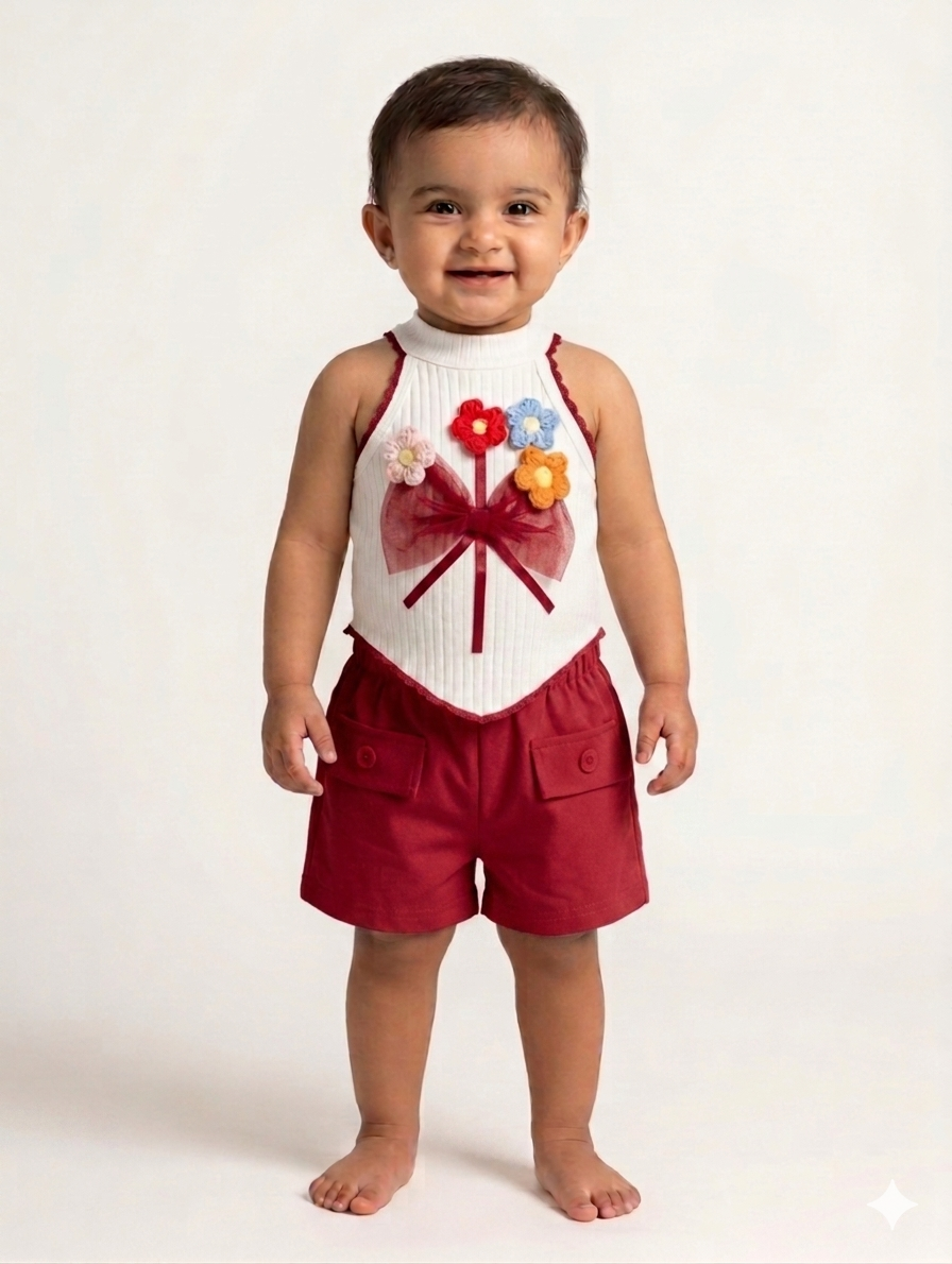Two-Piece Toddler Summer Set Featuring Ribbed Floral Halter Top and Elastic Cargo Pocket Shorts