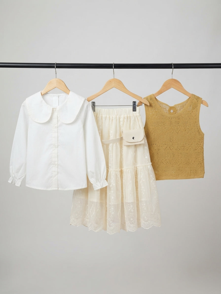 Stylish Kids Three Piece Outfit Set With Collar Shirt And Lace Skirt